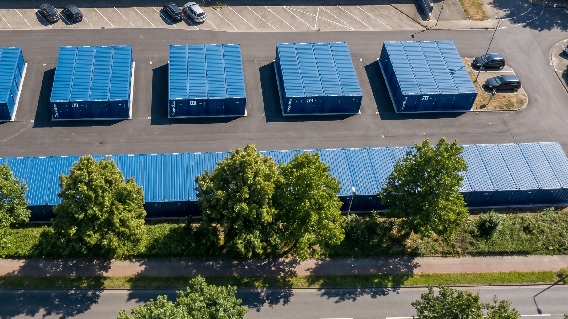 Blaue Self-Storage Container auf Zweitbox Gelände mit Drive-up Zugang
